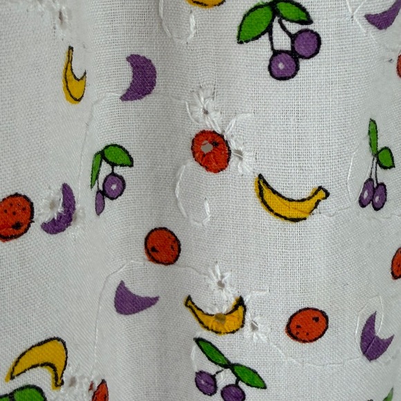 Vintage Trousers Up Fruit Print Eyelet Tiered Midi Skirt White Cotton Blend SZ L - Picture 4 of 10